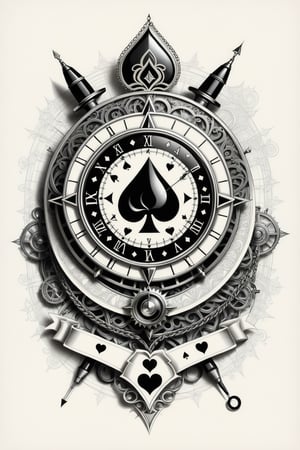 lineart tattoo design of an (ace of hearts poker card, a vintage chain watch and a retro compass superimposed), ((drawing lines)), drawing in black and withe, thick lines, filagree, realistic, white backgroung, monster, Leonardo Style,Pencil Draw,Fashion Illustration,Flat vector art,pencil sketch