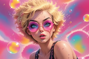 comic book illustration of a portrait of woman surrounded by bubbles, wearing tank top, wearing sun glasses, wearing black miniskirt, (((only one woman))),  lightly open lips, short blonde with pink highlights hair, tattooed  body, full color, vibrant colors, 
sexy body, detailed gorgeous face, BIg bubbles environment, bubbles in background, exquisite detail,  30-megapixel, 4k, Flat vector art, Vector illustration, Illustration,dreamgirl,<lora:659095807385103906:1.0>