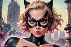 comic book illustration of a portrait of a woman dressed as Catwoman, wearing catwoman mask, wearing glasses, (((only one woman))), lightly open lips, short blonde with pink highlights hair, tattooed  body, full color, vibrant colors, action shot, 
sexy body, detailed gorgeous face, shooting a movie, film environment, film set in background, exquisite detail,  30-megapixel, 4k, Flat vector art, Vector illustration, Illustration,,,<lora:659095807385103906:1.0>