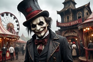 a carnival figure with twisted features, a top hat, and a sinister smile, carnival reds, ominous blacks and unsettling whites, sinister and ominous, disfigured features, dirty and bloody clothes, amusement park atmosphere, spooky atmosphere and atmosphere of terror, old dilapidated amusement park with kis playing in background, 16k UHD, extreme realism, maximum definitions, ultra detail,monster,steampunk style,more detail XL