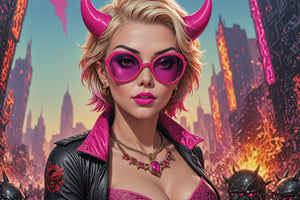 comic book illustration of a woman dressed as a devil, wearing sexy devil suit, devil make-up, wearing sunglasses, (((only one woman))), lightly open lips, ((short blonde with ((pink highlights)) hair)), tattooed  body, full color, vibrant colors, 
sexy body, detailed gorgeous face, lonely environment, horror atmosphere, the cauldrons of hell in background, exquisite detail,  30-megapixel, 4k, Flat vector art, Vector illustration, Illustration,,,,<lora:659095807385103906:1.0>