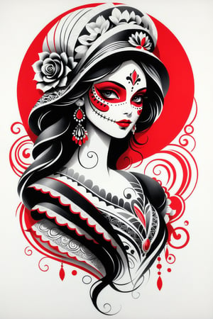 lineart tattoo design, Mexican Catrina, geometric forms with red stripes superimposed, ((drawing lines)), drawing in black and withe, thick lines, filagree, realistic, silkscreen dot pattern in background, white background, monster, Leonardo Style,Pencil Draw,Fashion Illustration,Flat vector art,pencil sketch