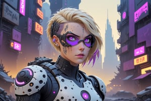 comic book illustration of a portrait of a cyborg woman in a dystopian city, wearing black and white cyborg suit, cyborg arm, wearing futuristic glasses, (((only one woman))), cyborg parts in face, short blonde with violet highlights hair, tattooed  body, full color, vibrant colors, armed with a gun in her hand, 
sexy body, detailed gorgeous face, lonely environment, jellyfish with jewels in foreground, dystopian city with droids in background, exquisite detail,  30-megapixel, 4k, Flat vector art, Vector illustration, Illustration,cyborg style,cyborg,<lora:659095807385103906:1.0>