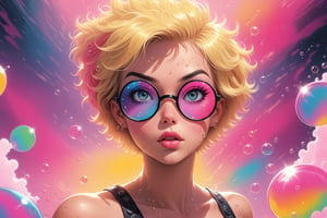 comic book illustration of a portrait of woman surrounded by bubbles, wearing tank top, wearing sun glasses, wearing black miniskirt, (((only one woman))),  lightly open lips, short blonde with pink highlights hair, tattooed  body, full color, vibrant colors, 
sexy body, detailed gorgeous face, BIg bubbles environment, bubbles in background, exquisite detail,  30-megapixel, 4k, Flat vector art, Vector illustration, Illustration,dreamgirl,<lora:659095807385103906:1.0>