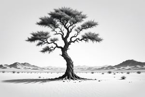 A lonely tree in desert, without leaves, ((drawing lines)), drawing in black and withe, thick lines, filagree, realistic, white background, monster, Leonardo Style,Pencil Draw,Fashion Illustration,Flat vector art,pencil sketch,lineart