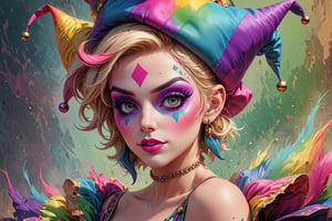 comic book illustration of a portrait of a sexy jester woman, with jester hat with 3 peaks, wearing sexy jester dress, wearing jester makeup, wearing sunglasses, (((only one woman))), lightly open lips, short blonde with pink highlights hair, tattooed  body, full color, vibrant colors, showing tits under the dress, 
sexy body, detailed gorgeous face, lonely environment, rainbow colors background, exquisite detail,  30-megapixel, 4k, Flat vector art, Vector illustration, Illustration,ktrmkp,,,<lora:659095807385103906:1.0>