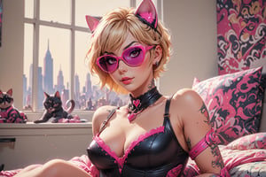 comic book illustration of a portrait of a woman, wearing sexy full cat costume up to the neck, wearing sunglasses, sitting in her bed, (((only one woman))), (((short blonde with pink highlights hair))), tattooed  body, full color, vibrant colors, sexy body, detailed gorgeous face, modern room with window in background, exquisite detail,  30-megapixel, 4k, Flat vector art, Vector illustration, Illustration,,<lora:659095807385103906:1.0>