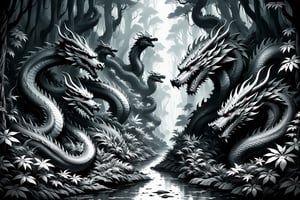 A cave in a dense forest, guarded by dragons, ((drawing lines)), drawing in black and withe, thick lines, filagree, realistic, white backgroung, monster, Leonardo Style,Pencil Draw,Fashion Illustration,Flat vector art,pencil sketch,lineart