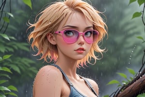 close-up vintage comic book illustration of a woman in a rainy day,  wearing sun glasses, wearing tank top, wearing denim pants, (((only one woman))), rain drops in her face, showing tits under the tank top, short blonde with pink highlights hair, tattooed  body, sexy body, detailed gorgeous face, lonely environment, rainy environment, rainy forest in background, exquisite detail, 30-megapixel, 4k, Flat vector art, Vector illustration, Illustration, ,Text,ice and water,<lora:659095807385103906:1.0>