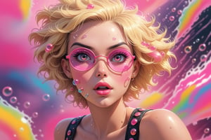close-up comic book illustration of a portrait of woman surrounded by bubbles, wearing tank top, wearing sun glasses, wearing black miniskirt, (((only one woman))),  lightly open lips, short blonde with pink highlights hair, tattooed  body, full color, vibrant colors, 
sexy body, detailed gorgeous face, bubbles environment, pink details, bubbles in background, exquisite detail,  30-megapixel, 4k, Flat vector art, Vector illustration, Illustration,dreamgirl,<lora:659095807385103906:1.0>