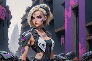 comic book illustration of a cyborg woman in a dystopian city, wearing black leather jacket, wearing short jeans, wearing white tank top, ((one of the arms is a complete cyborg arm)), wearing futuristic sunglasses, (((only one woman))), cyborg parts in face, short violet with blonde highlights hair, tattooed  body, full color, vibrant colors, armed with a gun in her hand, 
sexy body, detailed gorgeous face, lonely environment, jellyfish with jewels in foreground, dystopian city with droids in background, exquisite detail,  30-megapixel, 4k, Flat vector art, Vector illustration, Illustration,cyborg style,cyborg,valkyrie,<lora:659095807385103906:1.0>