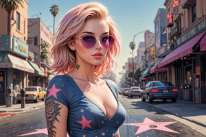 comic book illustration of a portrait of a woman walking through Los Angeles, wearing sexy dress, wearing sunglasses, wearing jeans, (((only one woman))), lightly open lips, short blonde with pink highlights hair, tattooed  body, full color, vibrant colors, 
sexy body, detailed gorgeous face, lonely environment, Big golden stars on the ground, Hollywood Walk of Fame in background, exquisite detail,  30-megapixel, 4k, Flat vector art, Vector illustration, Illustration,,,<lora:659095807385103906:1.0>