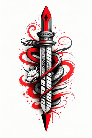 lineart tattoo, geometric design of a dagger with a snake around, with worn red stripes superimposed, ((drawing lines)), drawing in black and withe, thick lines, filagree, realistic, silkscreen dot pattern in background, white background, monster, Leonardo Style,Pencil Draw,Fashion Illustration,Flat vector art,pencil sketch