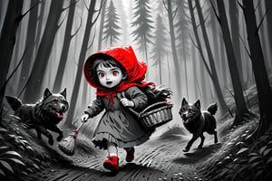 terrified Little Girl Riding Hood walking slowly by a dense forest, wearing a wicker basket, being attacked by wolves with red eyes, ((drawing lines)), ((only one girl)), drawing in black and withe, thick lines, filagree, realistic, scary environmet, grey backgroung, monster, Leonardo Style,Pencil Draw,Fashion Illustration,Flat vector art,pencil sketch,lineart