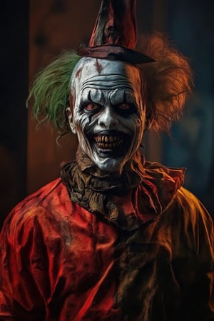 Masterpiece of Un hombre con colorido maquillaje de payaso de halloween con ojos hundidos que parecen no tener vida. Con sonrisa terrorifica y maléfica. Lleva un pequeño sombrero de payaso. Aspecto terrorifico y amenazante.. Full Color, HD quality, 