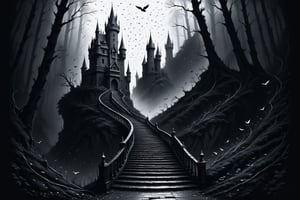 A staircase to an open door in a lonely big Casttle in the dark forest, vultures flying around, ((drawing lines)), drawing in black and withe, thick lines, filagree, realistic, BIg dark Casttle in background, white background, monster, Leonardo Style,Pencil Draw,Fashion Illustration,Flat vector art,pencil sketch,lineart