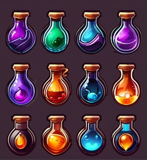 Design a set of 2D potion and elixir icons, each with different shapes, colors, and effects. You could create healing potions, mana potions, poison vials, and more, with glowing or bubbling effects to add character.