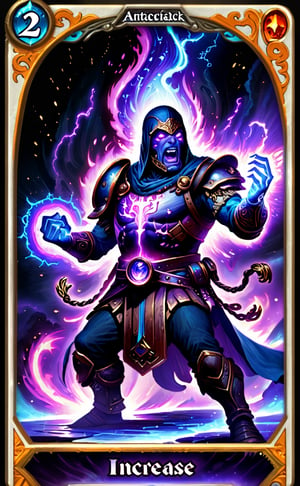 A fantasy card displaying a powerful character in the center. At the bottom of the card, include the text "Increase attack by 2" in bold English. The background features a glowing, magical aura, and the border is ornate, with a metallic finish. The overall theme is combat, with energy effects emphasizing strength.