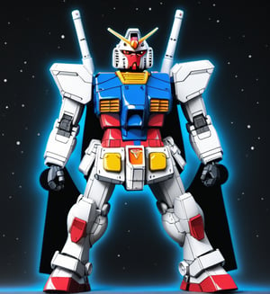 Create a 2D avatar of a classic RX-78 Gundam, featuring iconic white, red, and blue armor with a yellow “V” crest on its forehead. The Gundam should have a large beam rifle and shield, standing in a dynamic pose. Use a space background with stars and distant planets to emphasize its futuristic design.