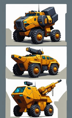 2D sprite of a resource harvesting vehicle, designed for an RTS game. The vehicle should have mechanical arms or drills, and a storage compartment. Create idle and moving animations, and consider a neutral color palette for flexibility