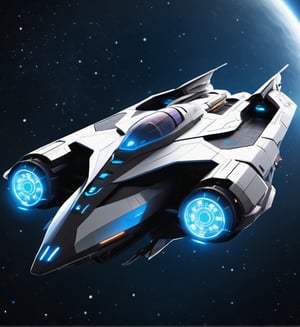 Create a 2D spaceship avatar of a Light Fighter. The design should emphasize speed and agility with sharp, angular wings and a sleek metallic body. The ship should feature glowing blue engines and minimal armor, set against a clean, starry space background.