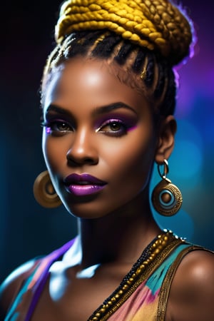 Black woman, golden lips, golden eye shadow, blue purple pink and yellow dreadlocks in a messy bun, pitch black backround, bronze lighting on skin, rembrandt lighting, chiaroscuro lighting, shallow depth of field, vignette, highly detailed, high budget Hollywood movie, slight bokeh, moody, epic, gorgeous, film grain, grainy, magnificent, celestial, ethereal, painterly, epic, majestic, magical, fantasy art, cover art, highly detailed