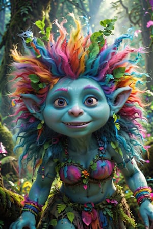 (best quality, 8K, highres, masterpiece), ultra-detailed, (vibrant, colorful) female troll from the animated movie “Trolls”, very detailed face, featuring cyan skin and striking blue eyes, large breasts, rainbow hair, she swings her long hair in a circular motion while dancing In a vivid colorful fantasy forest, enchanted forest. The mood is transformed into an epic and lively atmosphere. The trees and plants are coming alive and creepy, The scene is filled with intricate and hyperdetailed details. In 8K HDR, the high detailed image is bathed in soft cinematic light, creating a dramatic atmosphere with an explosion of colors and atmospheric perspective, motion blur on the hair movement, 
