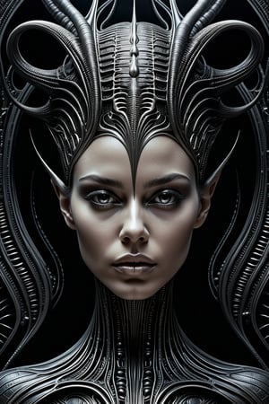 A unique blend of H. R. Giger, Artgerm and Beksinski, elegant young woman with a gentle yet imposing face, poster, female, hyper detailed, high contrast,masterpiece, beautiful face,  masterpiece,surreal,8K, HDR, abstract, pointed_ears,Illustration art piece,ultra high quality model, surrealism,,<lora:659095807385103906:1.0>