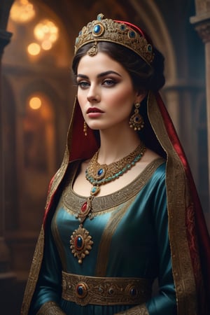 A portrait of Byzantine Empress Theodora and attendants. (masterpiece, top quality, best quality, official art, beautiful and aesthetic:1.2), (1girl:1.4), portrait, extreme detailed, highest detailed, simple background, 16k, high resolution, perfect dynamic composition, bokeh, (sharp focus:1.2), super wide angle, high angle, high color contrast, medium shot, depth of field, blurry background, in the style of esao andrews,esao andrews style,esao andrews art,esao andrews