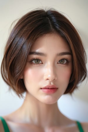 1girl, 40 yo, beautiful, fit, sexy, close up face shot, ID photo, (bunny teeth:0.9), thick neat eyebrows, chinese arabian descent, uyghur descent, russian descent, swedish descent, (monolid eyes:1.4), sleepy eyes, (masterpiece, best quality, hires, high resolution:1.2), looking at viewer,(RAW photo, best quality), (realistic, photo-realistic:1.4), masterpiece, an extremely delicate and beautiful, asymmetrical skinned bob haircut multi colored (red green) hair, perfect anatomy,soft light,(RAW photo, best quality), (realistic, photo-realistic:1.4), masterpiece, an extremely delicate and beautiful, white flat plain background, (short hair),monolid eyes,pixie_hairstyle,Hyper Realistic photo 