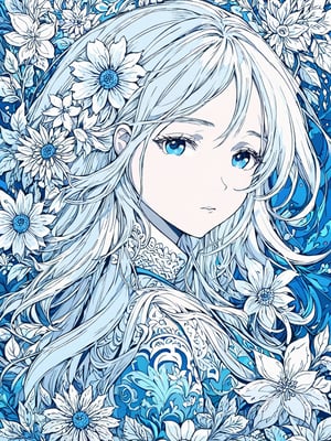 masterpiece, best quality, 1girl, flowers, flat color, lineart, abstract, ornate, blue theme,