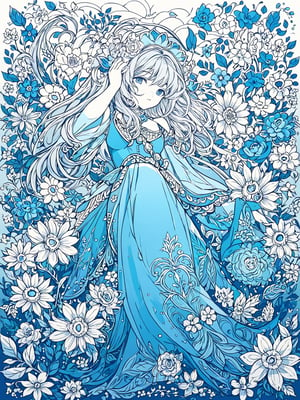 masterpiece, best quality, 1girl, flowers, flat color, lineart, abstract, ornate, blue theme,