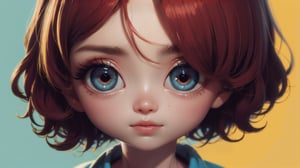 an unusual painting of a woman with red hair, in the style of hikari shimoda, takashi murakami, jeremy lipking, light yellow, childhood arcadias, frontal perspective, soft-edged, cyan background