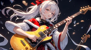 Masterpiece, ultra detailed, hyper high quality, quality beyond the limits of AI, the ultimate in wisdom, top of the line quality, 8K, 

1girl,  Girl in Santa costume playing Gibson Les Paul Gold Top Electric guitar.
