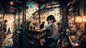 a girl in a headset looking out the window with her cat, and a cup, in the style of studio Ghibli, exotic atmosphere, lofi, Japanese pop art, gamercore, dark purple and beige, hyper-detail, lively tavern scenes, studyplace, beautiful women, exotic, (((masterpiece))) --ar 16:9