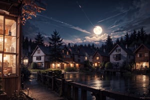 Photo of a calm village without any life,  lots of lush trees and dense bushes,  village,  countryside,  wooden houses, no human,  scenery,  natural views,  photo in midnight,  amazing sky,  sparkling stars,  beautiful night sky,  moon,  comets,  HDR,  film grain,  (),  mirrorless,  Nikon Z8,  Nikon Z lens,  (outdoor),  (),  (),  (vignette effect),  (),  (),  (dark moody),  (night atmosphere),  (hyperrealism:1.5),  (masterpiece:1.0),  extremely-ultra-hd,  hyperrealistic style,  texture,  realistic photo,  8k,  raw photo,  realistic texture,  extremely realistic,  50mm f2,  professional photography,  realistic photograph,  (night),  (realistic texture),  (playful shadow),  silhouettes,  (),  (soft lighting),  (aesthetic:1.5),  (intricate detailed),  (professional photographer),  (photorealistic),  ultra wide, fantasy theme,  full moon