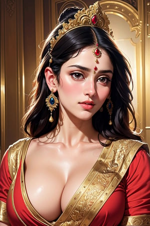 Beautiful Indian Woman, wearing saree, sari Beauty, gorgeous, Apsara, Maharani, royal queen woman, nymph from Hindu Mythology, Urvashi, matchless beauty, Highly detailed, Oil Painting by Peter Paul Rubens inspired by Raja Ravi Varma, Matchless beauty, captivating, gorgeous, heavenly beauty, celestial beauty, by Peter Paul Rubens, 13, realistic, hyper realistic, micro details, incredible artwork, insane details, ultra High resolution, 8k, 32k,  acrylic on canvas, intricate, flawless, detailed, detailed face, detailed eyes, masterpiece, by Peter Paul Rubens, by Caravaggio, by William Adolphe bouguereau, perfect face, perfect body, beautiful art, realism, baroque, renaissance Art, highly textured, beautiful and detailed eyes, uhd, best quality,