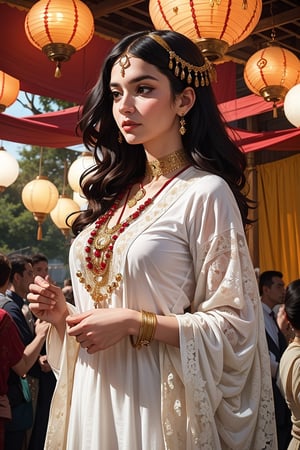 A bohemian-inspired fashion scene featuring a woman wearing a white lace tunic with intricate patterns. She stands against a backdrop of rich, deep red and gold tapestry, with an array of colorful and exotic jewelry adorning her neck and wrists. The scene is illuminated by the soft light of hanging lanterns, creating a warm and inviting atmosphere.
