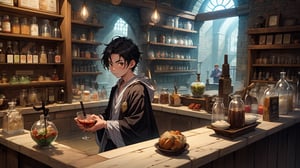 The 12-year-old portrait , anime young guy, 1boy, 1small dragon, solo,  Hogwarts student, wearing a wizard's robe, black hair, short hair, brown eyes, sitting at the counter of a beverage shop in Diagon Alley as the owner,  On the counter is a white small dragon, looks at the audience, cowboy shot, 
