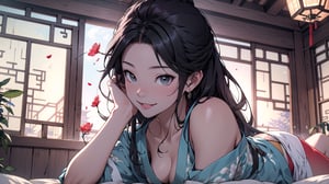 ((masterpiece)), ((best quality)), an of female,  wearing a magnificent red Dudou, Smile, black hair, Long hair, depth of field,cowboy shot,beautiful face,(lying:1.2),surrounded by floating petal flow, CG, indoor, bedroom, bed, curtains,windows, drunk, underwear, 4k, highly detailed, high resolution, insane details, hdr, 8k textures,panoramic view,surrounded by rich cultural details, capturing the essence of ancient China,  inspired by Kim Eung-hwan,  inspired by Yeong-Hao Han,The scene is richly detailed with Chinese architecture.
