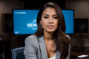 face photo of a beautiful latina 26 y.o woman model,, brown skin, thin, corporate attire, chiseled jawline, narrow face, beautiful flowing hair, sitting, ultra realistic, ultrawide, news anchor outfit, holding microphone, greys and blues, on news cast set, indoors, studio, news

