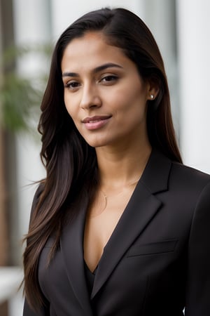 Photo of a beautiful latina 26 y.o woman model in business suit, brown skin, thin, chiseled jawline, narrow face, beautiful flowing hair, thin nose, ultrarealistic, thin model
