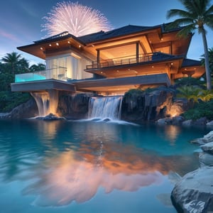 ocean, fireworks, moon, active, celebration, palm trees, beach, reflections, water tides, 8k, highest resolution, masterpiece, night, fireflies, villa, lights, cloud, cherry blossom, day, fantasy, fish, lake, landscape, high snowy mountain, no_humans, ocean, outdoors, river, fancy house, architecture, lake home, (((falling water))), frank lloyd wright, scenery, sky, splashing, water, watercraft, waterfall, waves, ultra realistic, photorealistic, sea, ocean, (reflection), (ray tracking), (unreal engine), (mansion), top view, high elevation, (water reflection), (clear water), photorealistic, 8k, unreal engine, super great 3d render, 3d, 3d ray tracking, liquid, super high quality, (super close look at water),anime