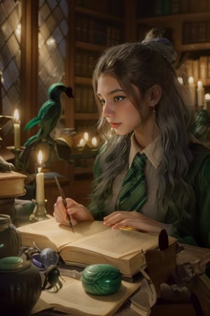 A 16-year-old female student from Slytherin house at Hogwarts, black hair, studying in the library, realistic style, green and silver Slytherin colors, dim candlelight, ancient books, and magical artifacts around her,n0t, midnight, perfect eyes, 