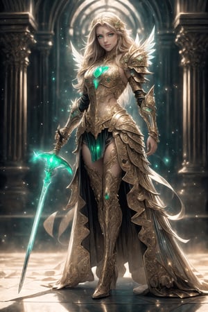 (detailed beautiful eyes and detailed face, masterpiece side light, masterpiece, best quality, detailed, high resolution illustration), A gorgeous battle maiden, golden hair, emerald green eyes, bewitching smile, full body, heavy armor, divine armor, majestic and intricate armor, glows with an ethereal light, a majestic sword, attacking pose, hourglass bodyshape, (upper body), front_view, ,rndmln,mech4rmor, , ((full body shots:1.38)) ,xyzabcplanets,1 girl