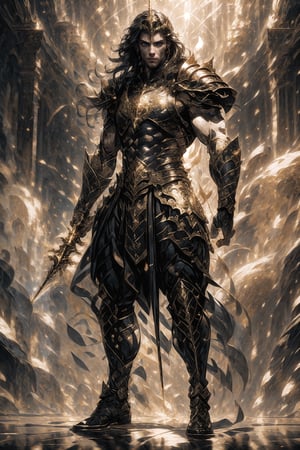 (detailed piercing eyes and detailed face, masterpiece side light, masterpiece, best quality, detailed, high resolution illustration), A handsome champion, middle eastern features, dark hair, longt hair, brown eyes, sinister expression, full body armor, ethereal glow, holding a regal spear, attacking pose, a raging battlefield, muscular body shape, a male champion, high-resolution, detailed masterpiece, muscular bodyshape,rndmln,xyzabcplanets, ,marb1e4rmor,dual wielding