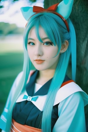 masterpiece of analog film photograph a girl, taken by Hideaki Hamada using Pentax 67II and Kodak Portra
,REALISTIC,Enhance,realistic, award winning professional outdoor cosplay photography, model italian woman is wearing an authentic cosplay of Hatsune Miku, her face looks really pretty, breathtaking details, masterpiece, best quality, official art, extremely detailed CG unity 8k wallpaper