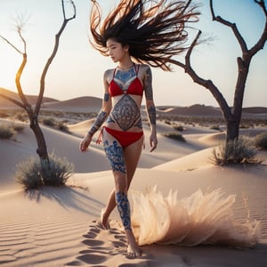 Realistic 16K resolution blue-red tone photography of 1 girl with nice hair and full body of tattooed, floating in the wind, walking on desert sand, barefoot,
break,
1 girl, Exquisitely perfect symmetric very gorgeous face, Exquisite delicate crystal clear skin, Detailed beautiful delicate eyes, perfect slim body shape, slender and beautiful fingers, nice hands, perfect hands, illuminated by film grain, Stippling style, dramatic lighting, soft lighting, motion blur, exaggerated perspective of ((Wide-angle lens depth))