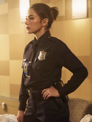 ((Realistic 8K resolution, RAW, extreme detail description)) of 1 female police officer, standing in police station,  illuminated by film grain, realistic style, realistic skin texture, dramatic lighting, soft lighting, exaggerated perspective of ((Wide-angle lens depth)),