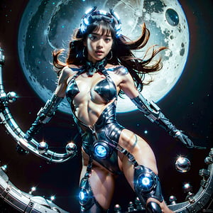 Realistic 16K resolution gray blue tone photography of 1 girl, wearing intricate high-tech bodysuit covering her entire body with biomechanical style, intricate mechanical details, glowing cybernetic enhancements,, battle pose, in outer space, in front of moon deity and nebulae, space station,
break, 
1 girl, full body shot, Exquisitely perfect symmetric very gorgeous face, Exquisite delicate crystal clear skin, Detailed beautiful delicate eyes, perfect slim body shape, slender and beautiful fingers, legs, perfect hands, legs, illuminated by film grain, realistic style, realistic skin texture, dramatic lighting, soft lighting, exaggerated perspective of ((Wide-angle lens depth)), Fantasy, extreme detail description, frank frazetta style, 80s fantasy movie style,insane details,high details